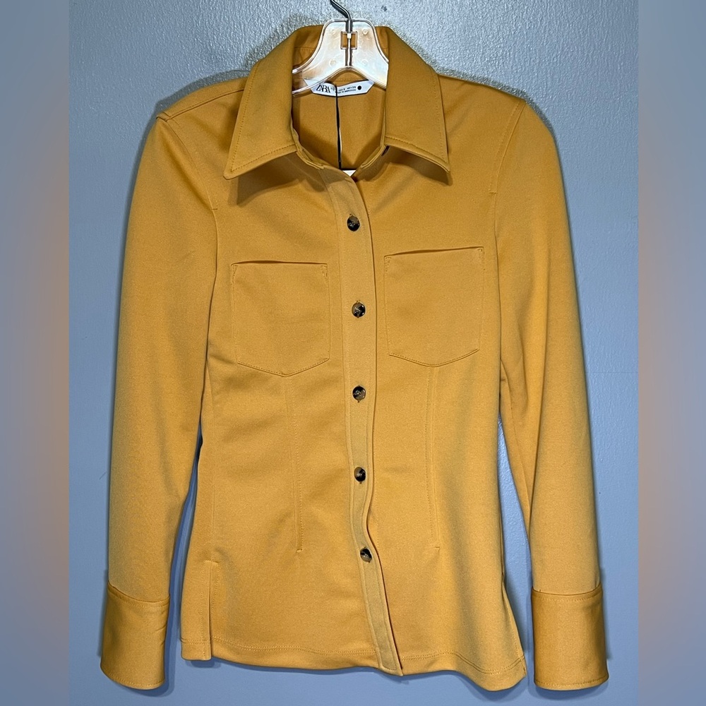 Zara Long Sleeve Button Front Shirt Mustard Women’s Small Structured Fit